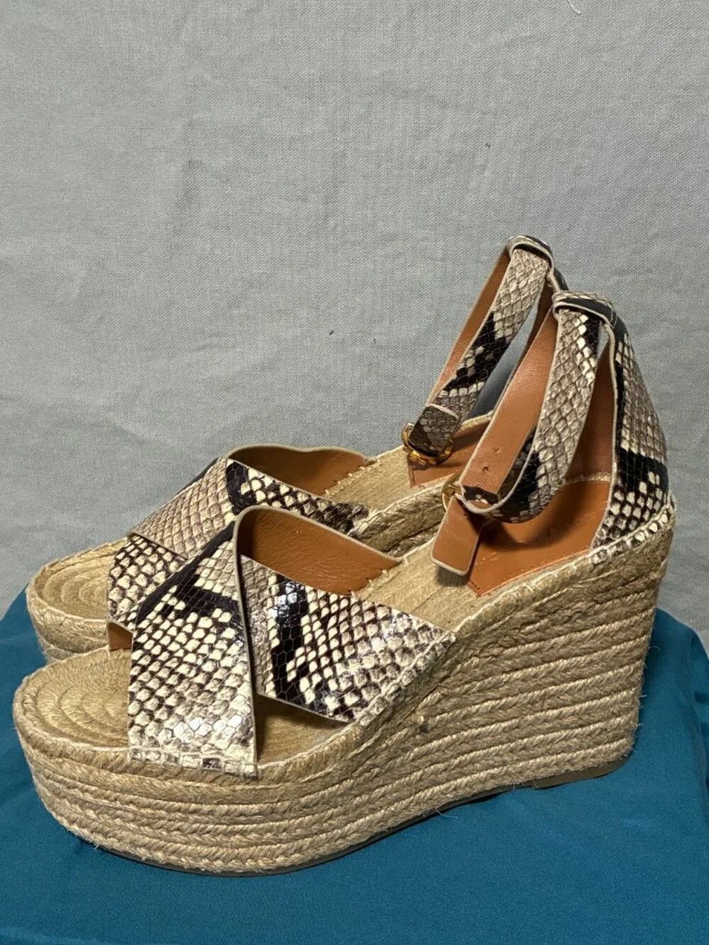 Tory Burch Women's Snakeskin Espadrille Wedge Sandals Size 7 Resort Boho Glam
